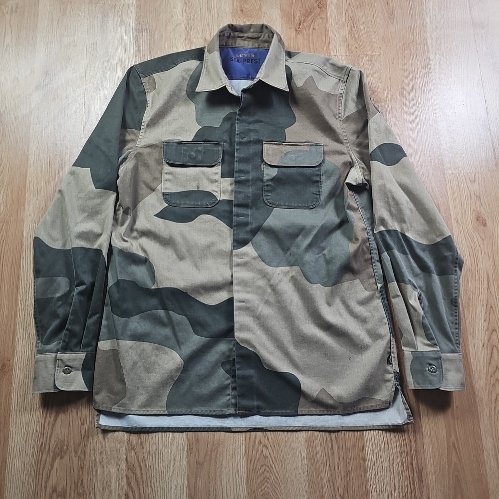 Levi's Sta-Prest Camo Button Up Shirt Mens Medium Green Brown Military Utility